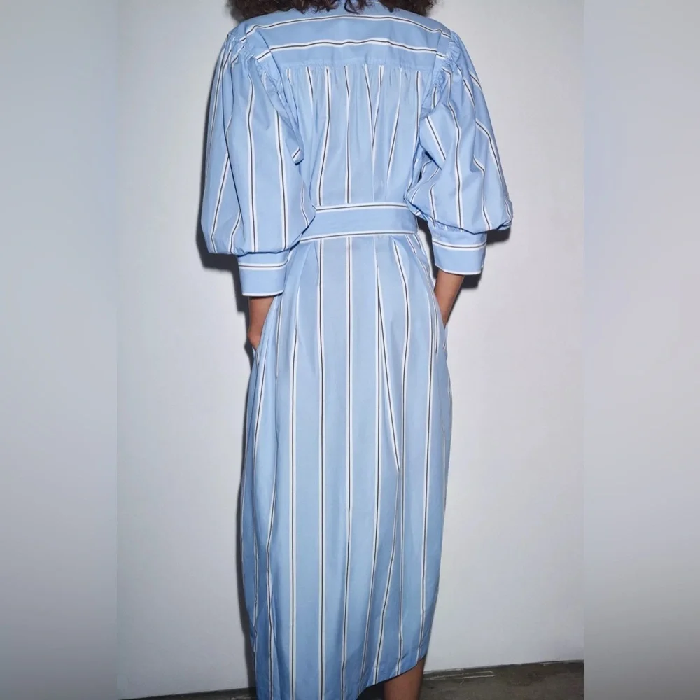Zara ZW Blue Striped Belted Shirt Dress Puff Sleeves 100% Cotton Buttons NWT XS - Picture 7 of 15